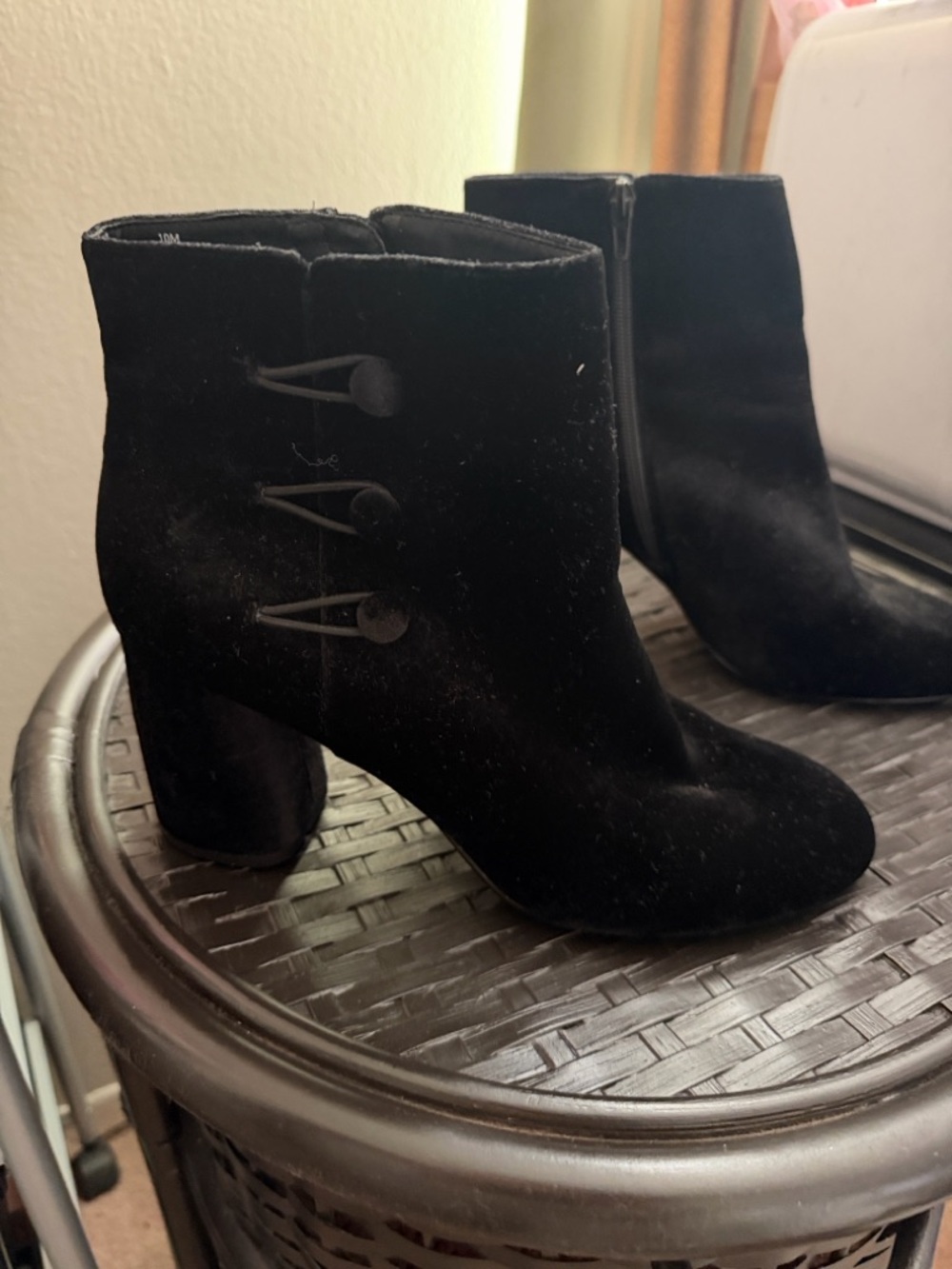 Nine West Black Velvet Ankle Booties with Button Trim